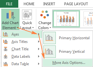 Click Add Chart Element > Axes > More Axis Options… on the ribbon.