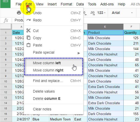 Move a column using Google Sheets menu.