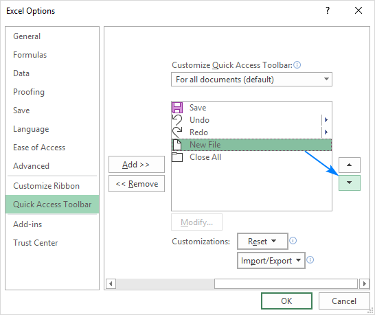 Move commands on the Quick Access Toolbar.