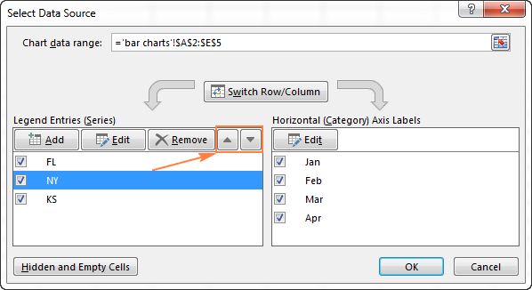 Move the selected data series up or down by using the corresponding arrow