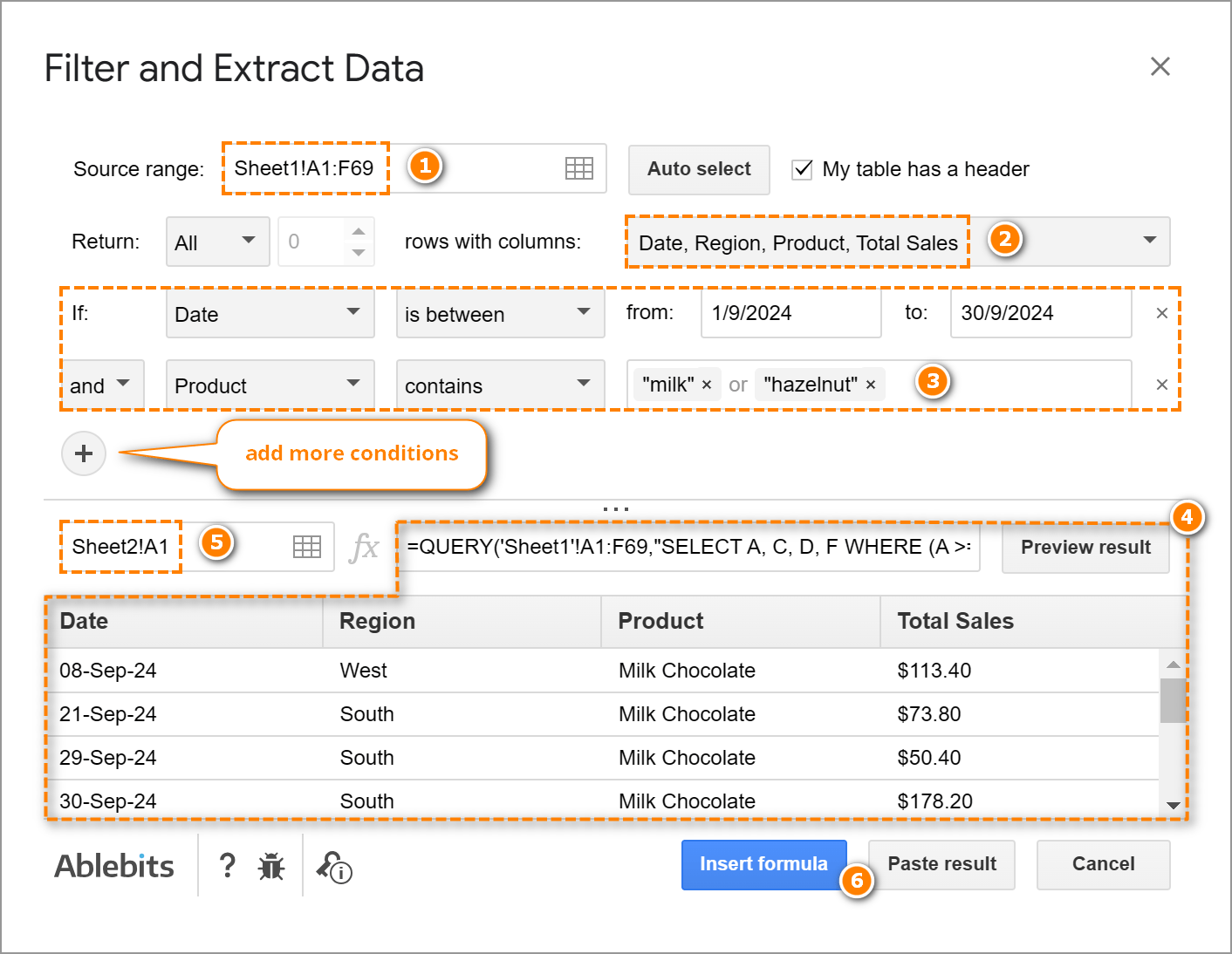 Set up multiple conditions in the Filter and Extract add-on and see the preview right away.