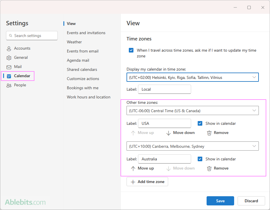 Add several time zones to the new Outlook calendar.