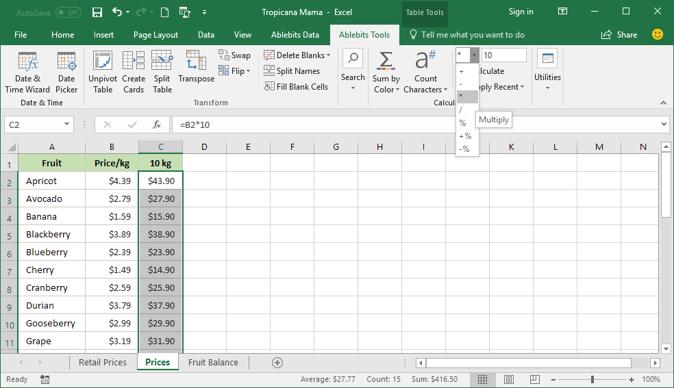 Multiply all cells in a column at once