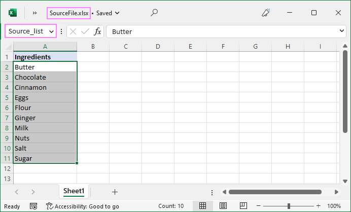 Create a named range in the source workbook.