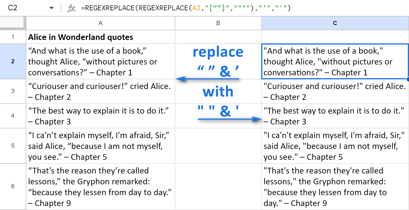 Nestes Google Sheets REGEXREPLACE to find & change various characters.