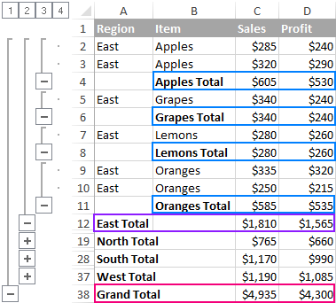 Nested subtotals in Excel