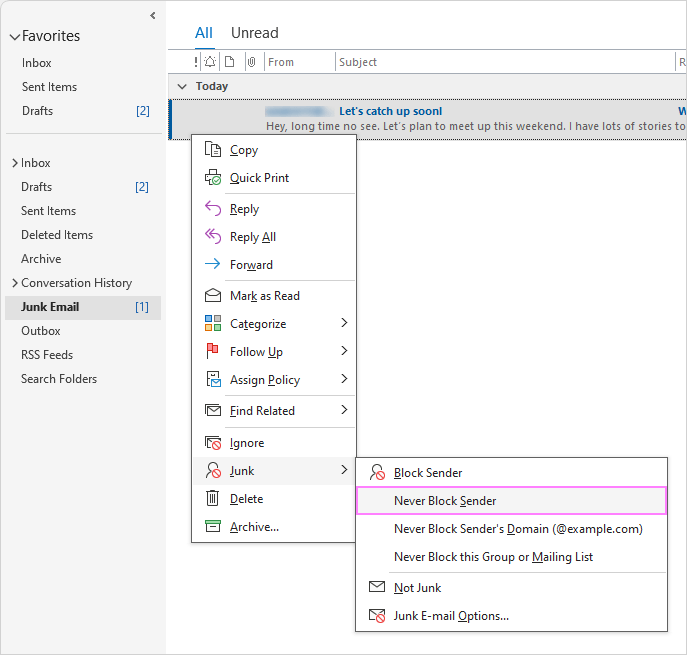 Never block sender in Outlook