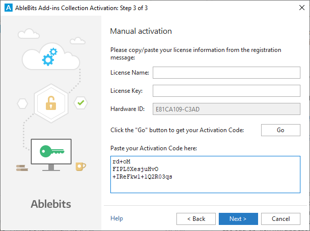 Paste the activation code into the correspondiong field.