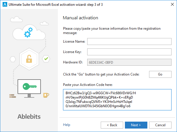 Paste the activation code into the corresponding field.