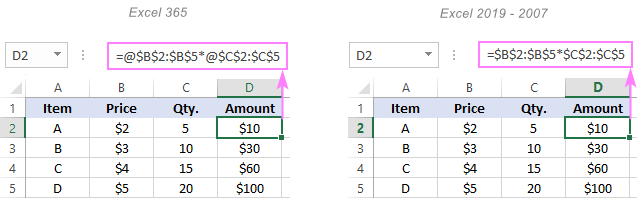 A formula with @ operator is converted to a normal non-array formula.