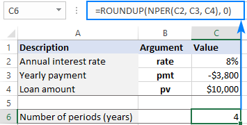 Use NPER together with ROUND to get the whole number of periods.