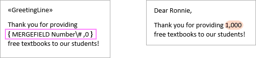 Format numbers in mail merge