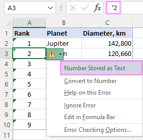 The indicators of numbers formatted as text