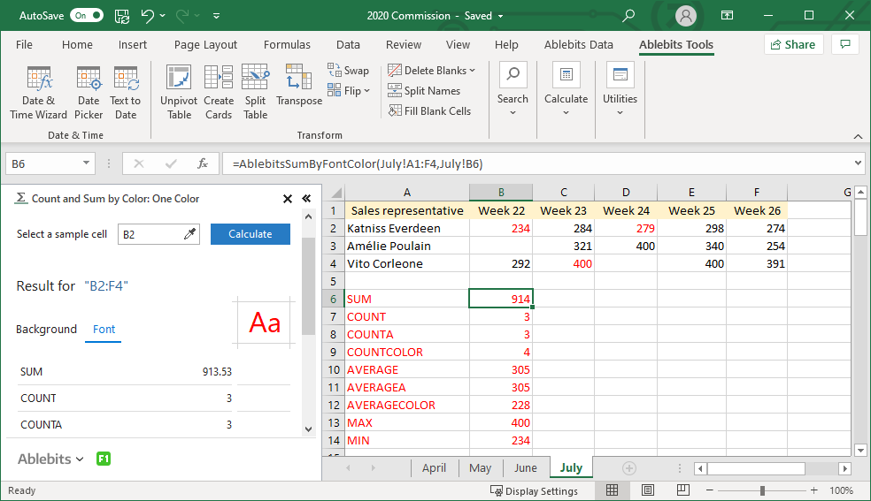 Count and sum cells, find average, maximum and minimum by the chosen font color