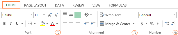 To open the Font, Alignment or Number tab of the Format Cell dialog, click the corresponding Dialog Box Launcher arrow on the ribbon.