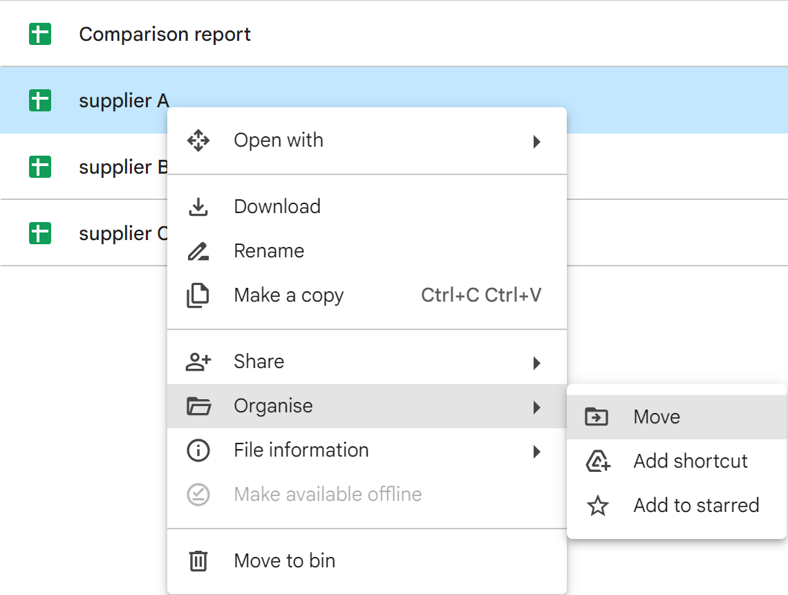 Move Google spreadsheets across Drive.