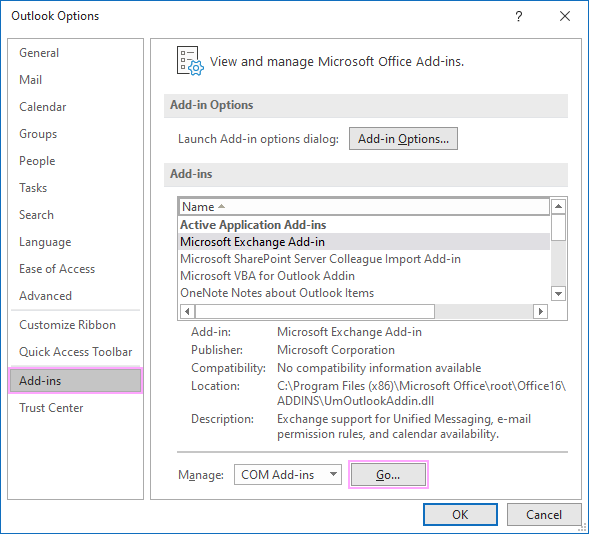 Open COM Add-ins in Outlook.