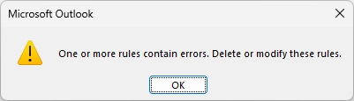 Outlook warning about rules containing errors