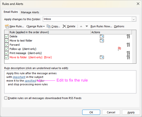 Broken Outlook rules are highlighted in red.