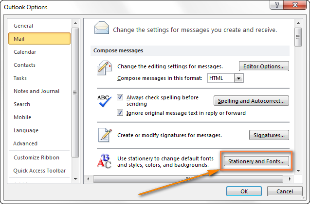 Click the Stationery and Fonts button to set the newly created template as your default Outlook email theme.