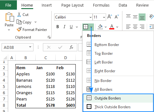 Applying an outside border