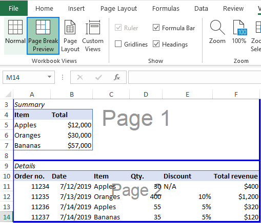 Viewing page breaks in Excel