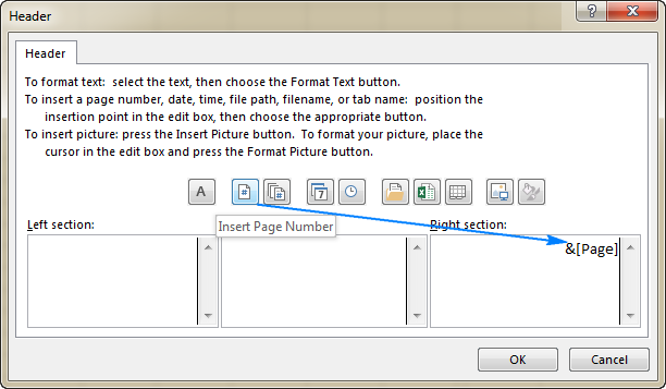 Add a page number to the right hand side of an Excel header.