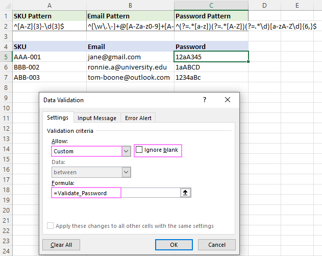 Setting up password data validation criteria