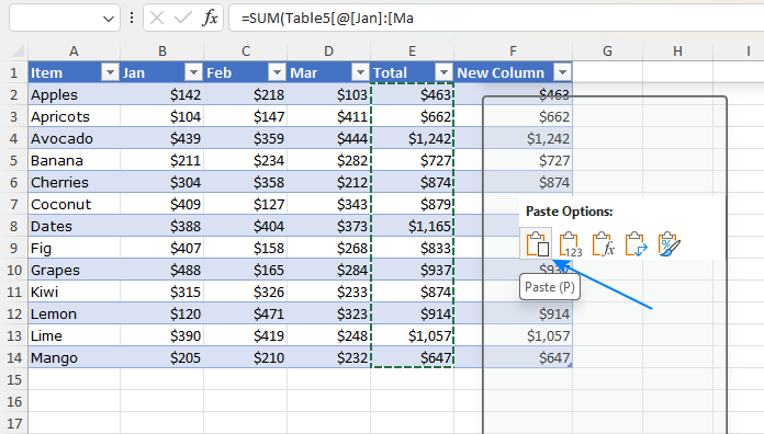 Paste the copied table column.