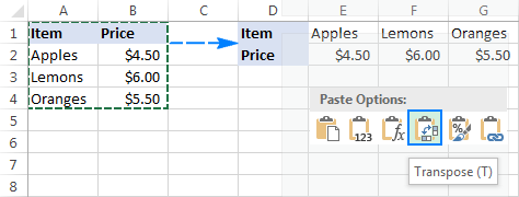 Hovering over the paste transpose icon displays a preview of how the copied data will be transposed.