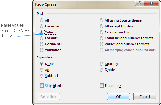 Excel Past Special shortcut keys