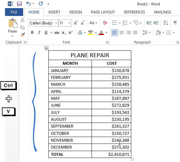  Click Paste or press Ctrl + V to paste the table in Word.