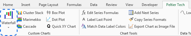 Click on the Waterfall icon in the Custom Charts group on the Peltier Tech tab to choose the desired type