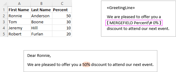 Format percentage in mail merge