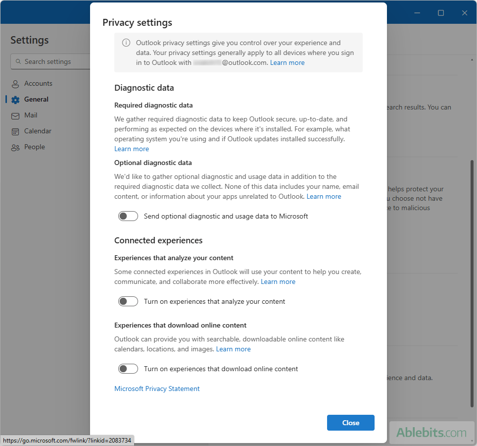 Privacy settings for personal accounts in the new Outlook.