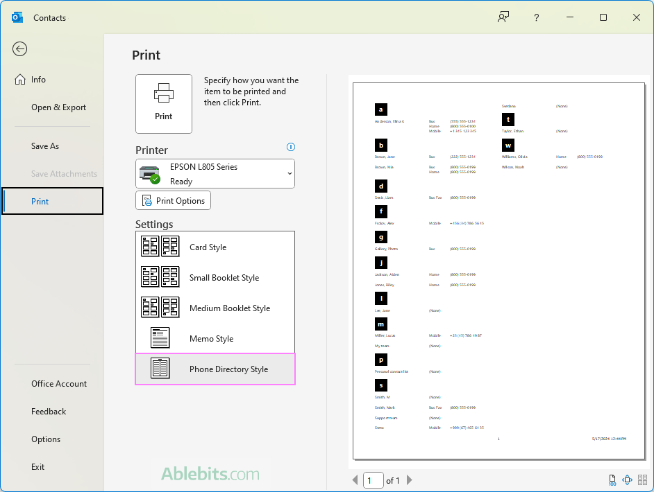 Outlook contacts phone directory style