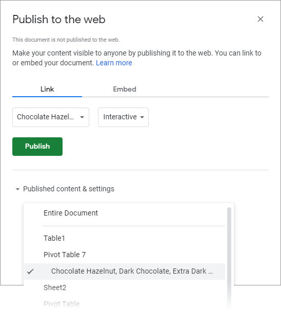 How to publish pivot chart in google spreadsheet.