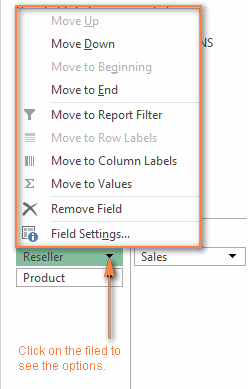 Click on the filed in the Layout section to display the options available for that field.