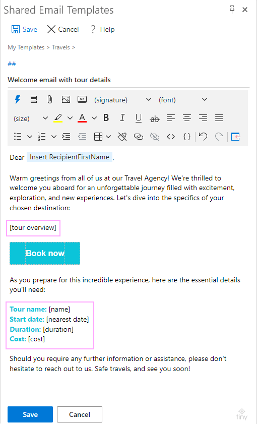 Mark where to insert information from the dataset using placeholders.