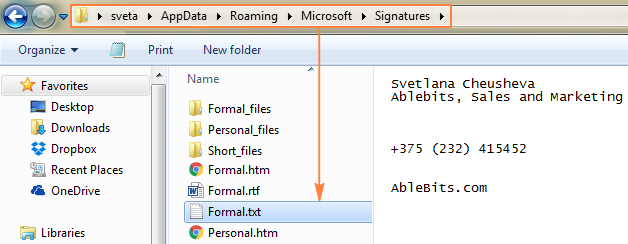 Find the .txt file with the name corresponding to your Outlook signature name.