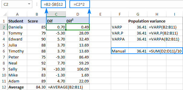 Population variance formula in Excel