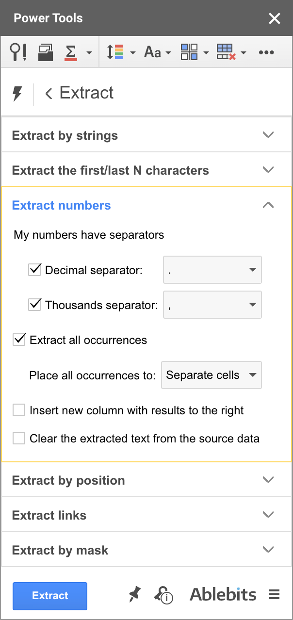 Use Power Tools to extract numbers with decimals.