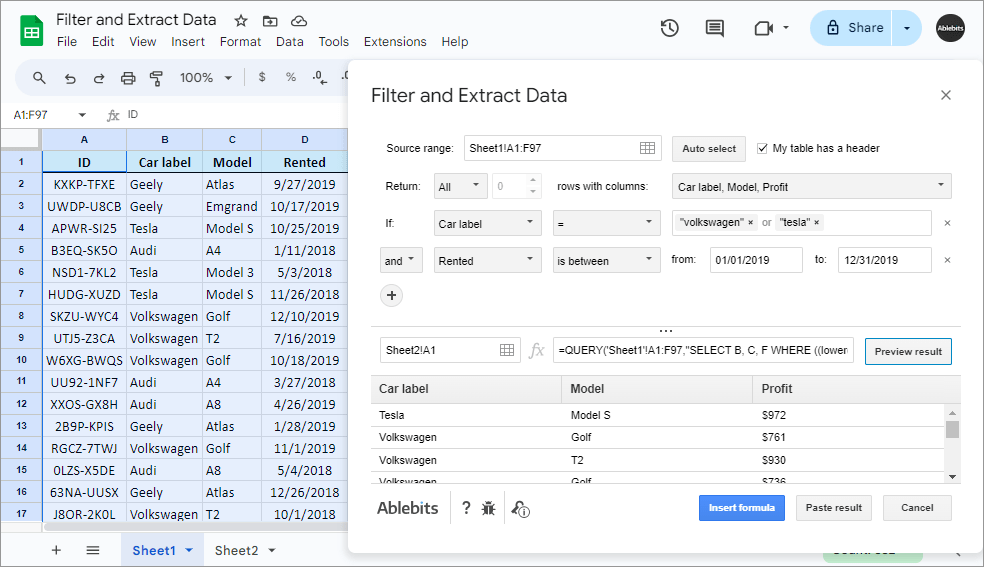 Select a cell for your future table and preview the result and the formula