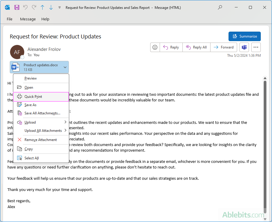 Print an email attachment from Outlook.