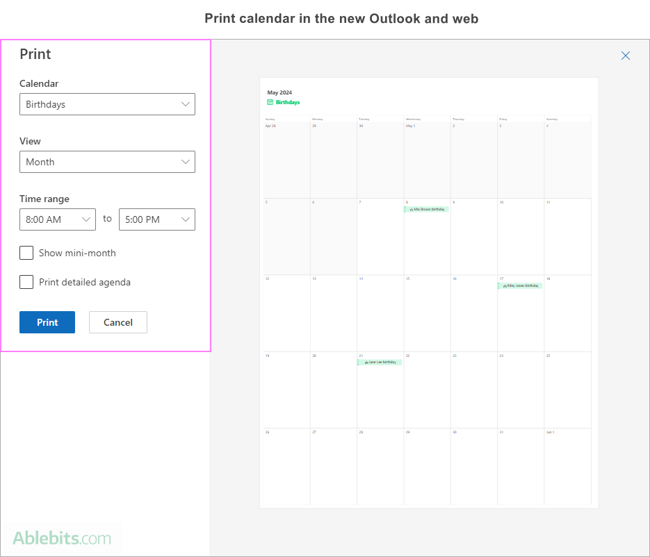 Customize the print calendar settings in Outlook online.