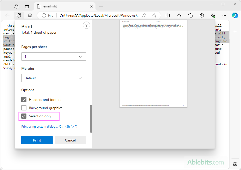 Print the selected part of email in a browser.