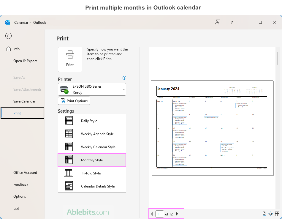 Print multiple months in Outlook calendar.