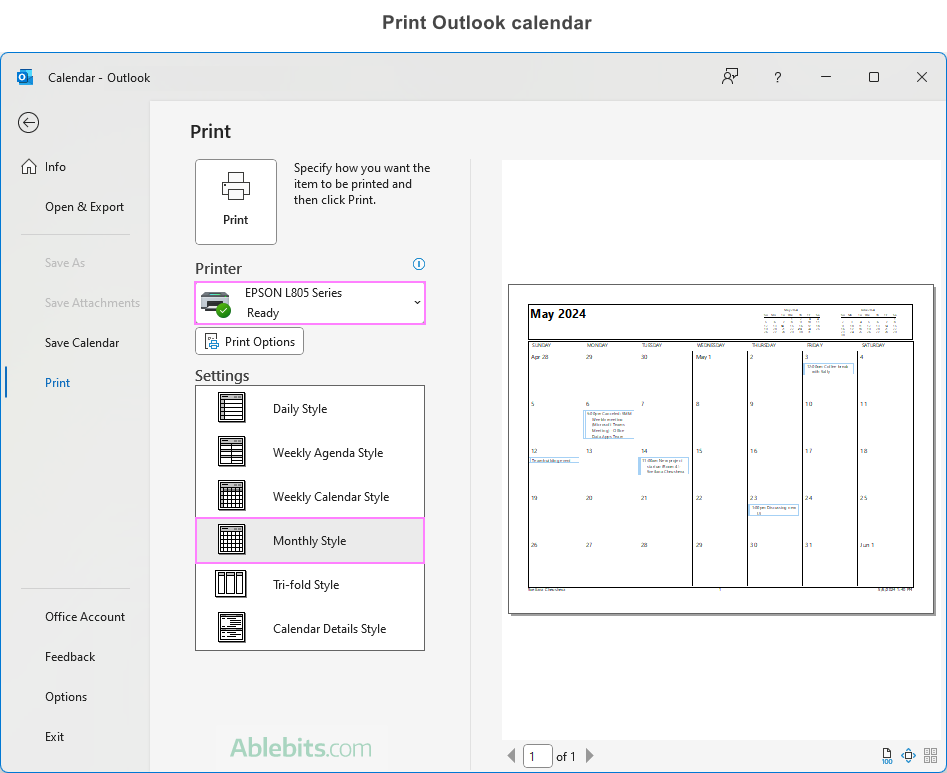 Print calendar from Outlook.