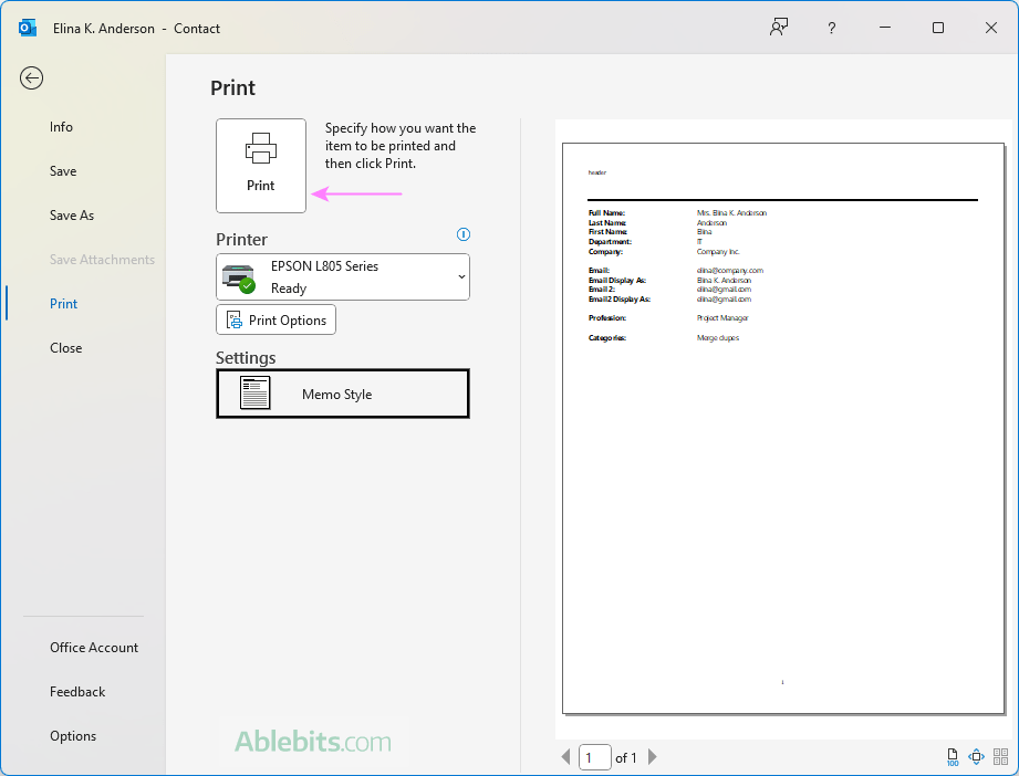 Print a selected Outlook contact.