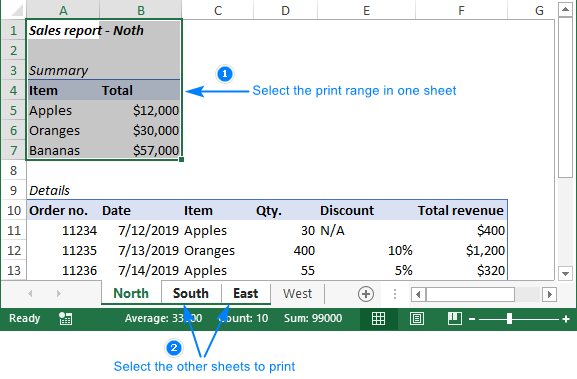 Select a range to print in multiple sheets.